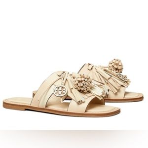NEW Tory Burch Miller Tassel Slide Sandals Fringe Tan Brown Women’s Size 7 $368